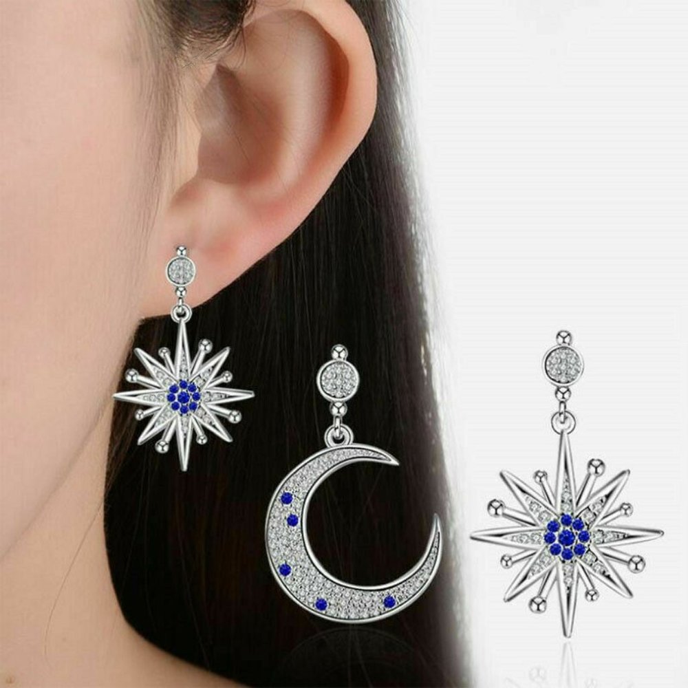 Silver Drop Blue Sapphire Moon Star Earrings - Picture 3 of 9